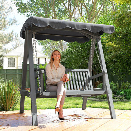 2 Seater Garden Swing Seat with Canopy, Wooden Swing Chair, Outdoor Hammock Bench for Balcony Patio Porch, Grey