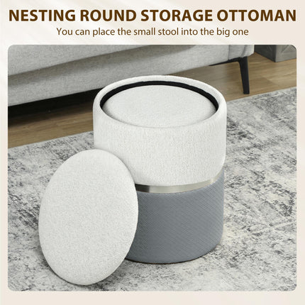 Nesting Round Ottoman with Storage Set of 2 - Cream/Grey