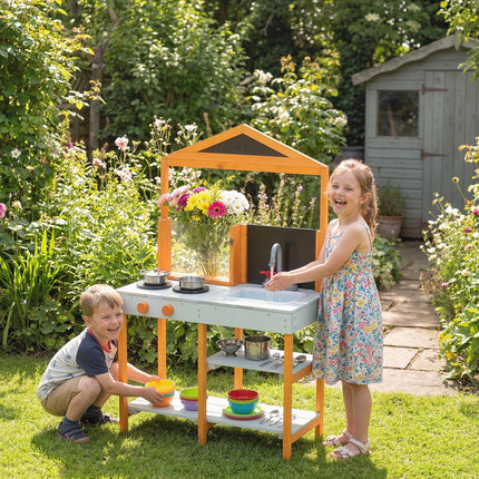 Mud Kitchen for Kids, Outdoor Wooden Play Kitchen with Sink, Stove, Cookware, Shelves, Pretend Play Toy for Ages 3-8