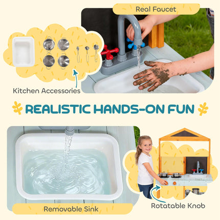 Mud Kitchen for Kids, Outdoor Wooden Play Kitchen with Sink, Stove, Cookware, Shelves, Pretend Play Toy for Ages 3-8