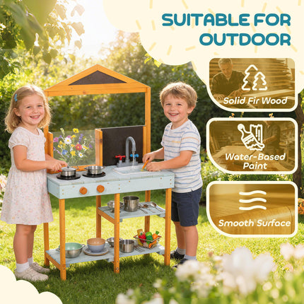 Mud Kitchen for Kids, Outdoor Wooden Play Kitchen with Sink, Stove, Cookware, Shelves, Pretend Play Toy for Ages 3-8