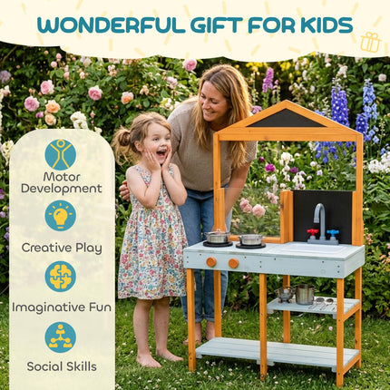 Mud Kitchen for Kids, Outdoor Wooden Play Kitchen with Sink, Stove, Cookware, Shelves, Pretend Play Toy for Ages 3-8