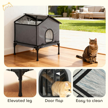 Outdoor Cat House, Waterproof Insulated Cat Kennel with Elevated Base, Foldable Feral Kitty Shelter for Kittens, Grey