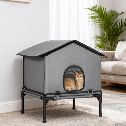 Outdoor Cat House, Waterproof Insulated Cat Kennel with Elevated Base, Foldable Feral Kitty Shelter for Kittens, Grey