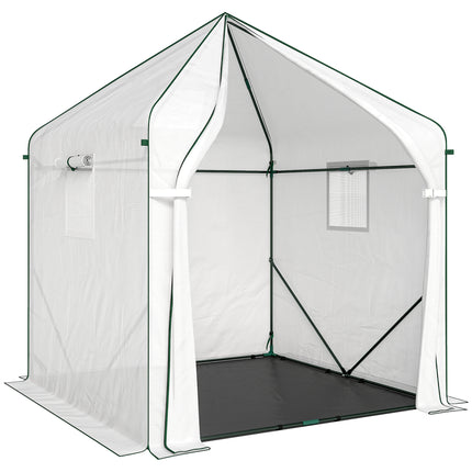 Walk-in Greenhouse for Outdoors with Steel Frame, Large Plant House with Roll-up Door and PE Ground Cover, White