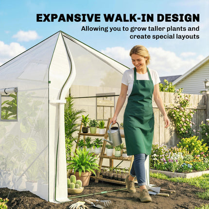 Walk-in Greenhouse for Outdoors with Steel Frame, Large Plant House with Roll-up Door and PE Ground Cover, White