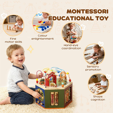 8 in 1 Wooden Activity Cube with Bead Maze, Shape Sorter, for Kids Boys Girls 18+ Months