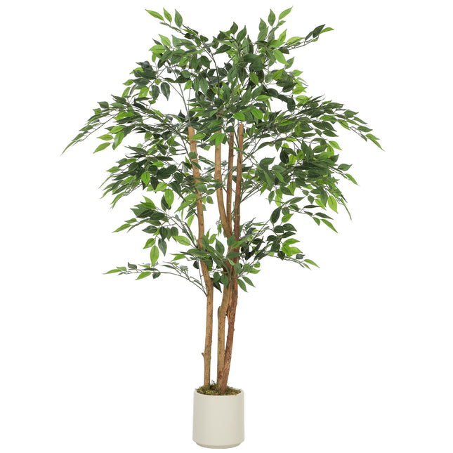 150cm Artificial Ficus Tree, Fake Potted Tree with Solid Wood Trunk and Pot for