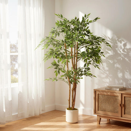 150cm Artificial Ficus Tree, Fake Potted Tree with Solid Wood Trunk and Pot for