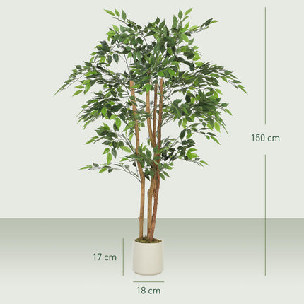 150cm Artificial Ficus Tree, Fake Potted Tree with Solid Wood Trunk and Pot for
