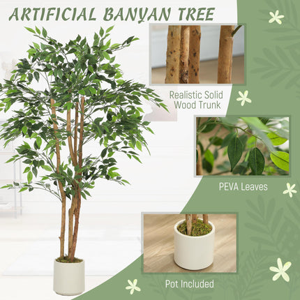 150cm Artificial Ficus Tree, Fake Potted Tree with Solid Wood Trunk and Pot for