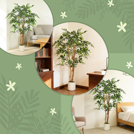 150cm Artificial Ficus Tree, Fake Potted Tree with Solid Wood Trunk and Pot for