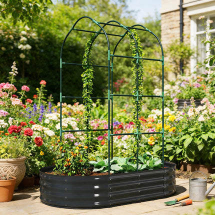Galvanised Raised Garden Bed with Arched Trellis, 5 x 3 x 6ft Metal Raised Bed With Arched Trellis 5 X 3 X 6ft Metal Raised Bed F