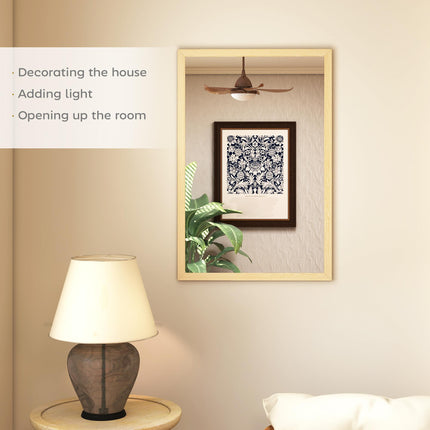 Wall Bathroom Mirror, 60 x 40 cm Wall-Mounted Mirror for Living Room, Bedroom, Hallway, Natural Wood Finish