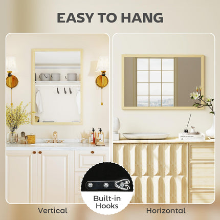 Wall Bathroom Mirror, 60 x 40 cm Wall-Mounted Mirror for Living Room, Bedroom, Hallway, Natural Wood Finish