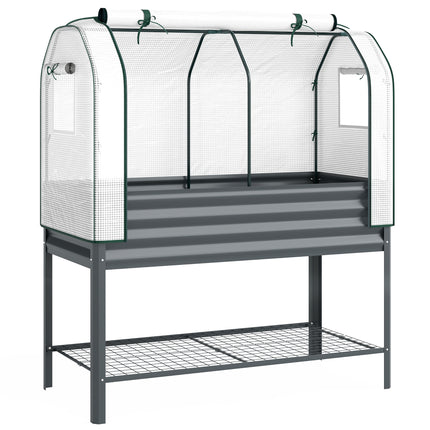 Galvanised Raised Planter with Greenhouse Cover, Metal Raised Garden Bed on Legs with Bed Liner and Bottom Shelf