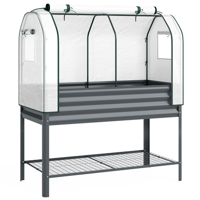 Galvanised Raised Planter with Greenhouse Cover, Metal Raised Garden Bed on Legs with Bed Liner and Bottom Shelf