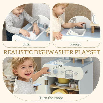 Wooden Dishwasher Playset, Kitchen Sink Toys with Faucet, Sink and Accessories, Gift for Boys Girls Toddlers