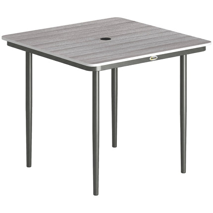 Garden Dining Table for 4, 85 cm Square Outdoor Table with Umbrella Hole, Faux Wood Top, Metal Legs, Light Grey