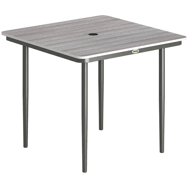 Garden Dining Table for 4, 85 cm Square Outdoor Table with Umbrella Hole, Faux Wood Top, Metal Legs, Light Grey