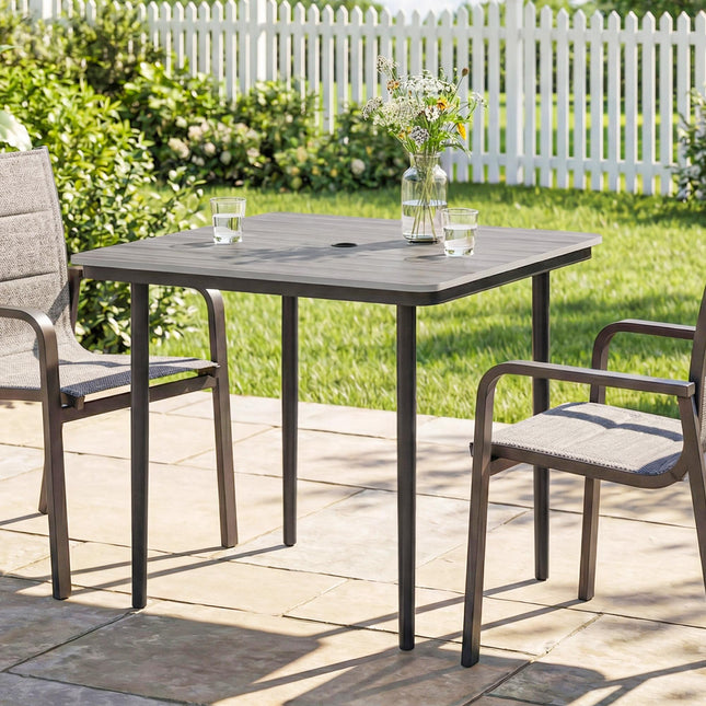 Garden Dining Table for 4, 85 cm Square Outdoor Table with Umbrella Hole, Faux Wood Top, Metal Legs, Light Grey