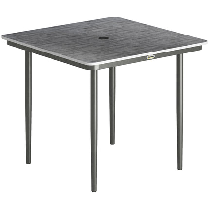 Garden Dining Table for 4, 85 cm Square Outdoor Table with Umbrella Hole, Faux Wood Top, Metal Legs, Dark Grey