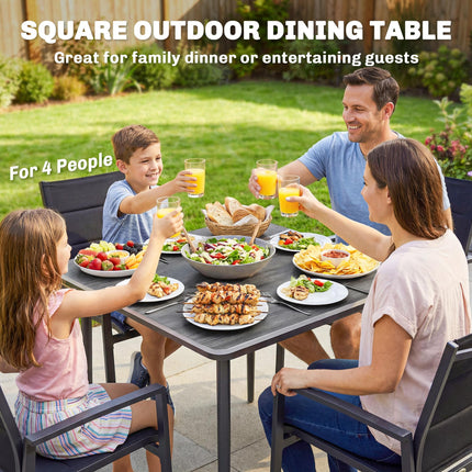 Garden Dining Table for 4, 85 cm Square Outdoor Table with Umbrella Hole, Faux Wood Top, Metal Legs, Dark Grey