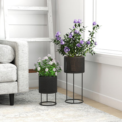 Metal Plant Pots Set of 2 with Hollow Design Flower Planters for Garden Balcony Black