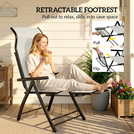 Reclining Garden Chairs Set of 2, 5-Position Folding Sun Loungers with High Back, Retractable Footrest, Light Grey
