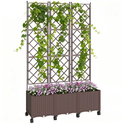 Outsunny Plastic Raised Planter with Trellis, Self Watering Raised Bed for Garden with Wheels, Drainage Holes and Plugs
