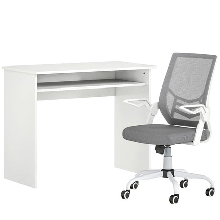 Home Office Furniture Set, Modern Computer Desk with Storage Shelf and Ergonomic Mesh Chair with Flip-Up Arms, Lumbar Support, Adjustable Height, Swivel Wheels, White and Grey