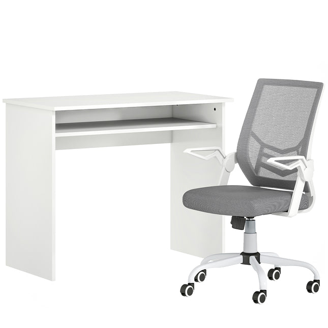 Home Office Furniture Set, Modern Computer Desk with Storage Shelf and Ergonomic Mesh Chair with Flip-Up Arms, Lumbar Support, Adjustable Height, Swivel Wheels, White and Grey