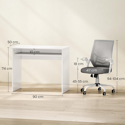 Home Office Furniture Set, Modern Computer Desk with Storage Shelf and Ergonomic Mesh Chair with Flip-Up Arms, Lumbar Support, Adjustable Height, Swivel Wheels, White and Grey
