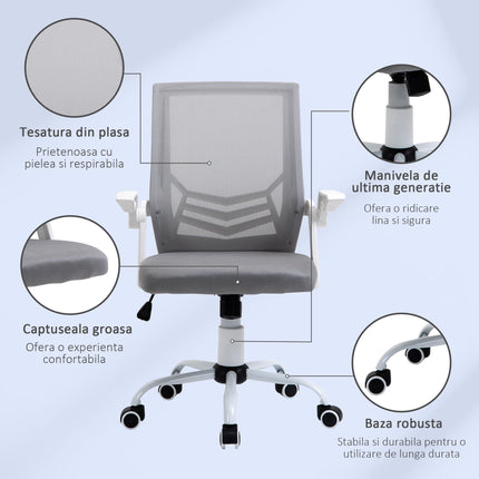 Home Office Furniture Set, Modern Computer Desk with Storage Shelf and Ergonomic Mesh Chair with Flip-Up Arms, Lumbar Support, Adjustable Height, Swivel Wheels, White and Grey