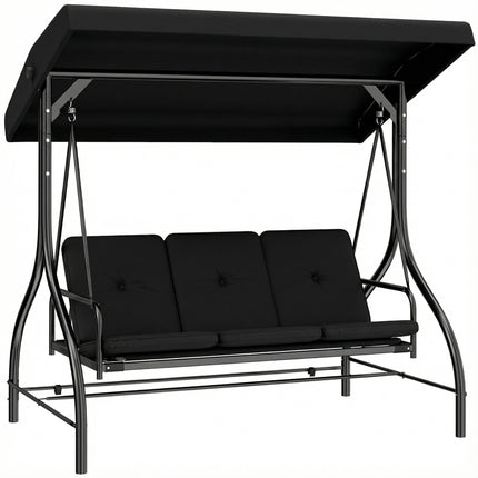 3 Seater Canopy Swing Chair, 2 in 1 Garden Swing Seat Bed, with Adjustable Canopy and Metal Frame, Black
