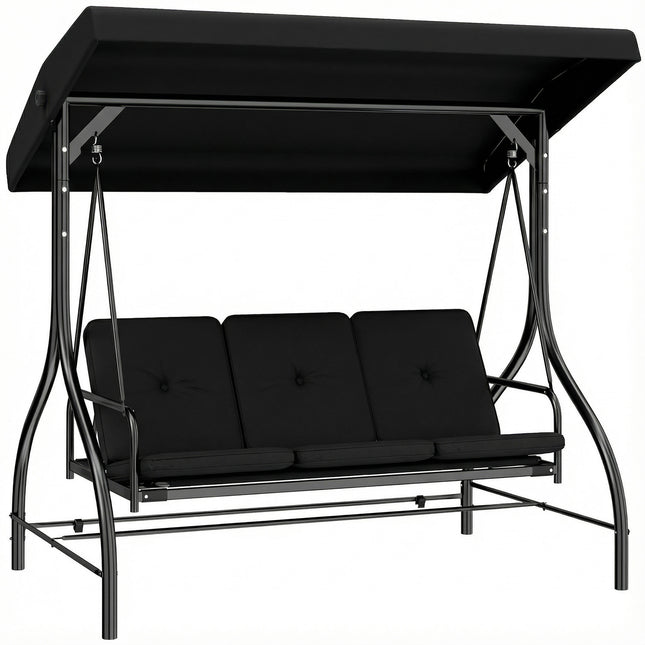 3 Seater Canopy Swing Chair, 2 in 1 Garden Swing Seat Bed, with Adjustable Canopy and Metal Frame, Black