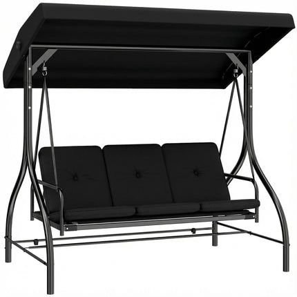 3 Seater Canopy Swing Chair, 2 in 1 Garden Swing Seat Bed, with Adjustable Canopy and Metal Frame, Black