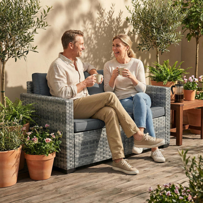 2 Seater Rattan Sofa, Outdoor Garden Sofa with Deep Seat, Cushions, Wide Armrests for Patio, Balcony, Porch, Mixed Grey