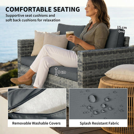 2 Seater Rattan Sofa, Outdoor Garden Sofa with Deep Seat, Cushions, Wide Armrests for Patio, Balcony, Porch, Mixed Grey