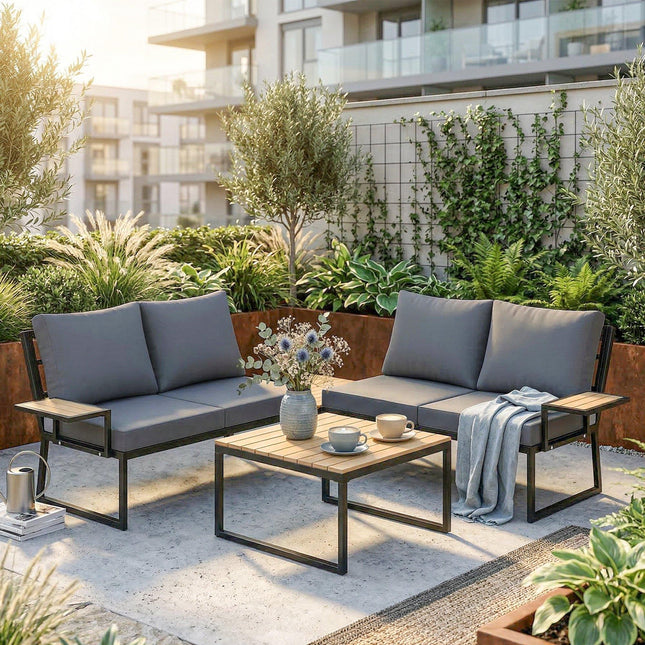 4 Seater Metal Garden Furniture Set, Corner Garden Sofa Set with 2 Loveseats, 2