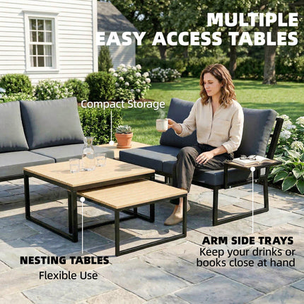 4 Seater Metal Garden Furniture Set, Corner Garden Sofa Set with 2 Loveseats, 2