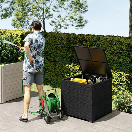 253L Garden Storage Box, Rattan Deck Box with Zipped Liner, Safe Pneumatic Rod, Patio Storage Container, Black