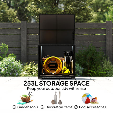 253L Garden Storage Box, Rattan Deck Box with Zipped Liner, Safe Pneumatic Rod, Patio Storage Container, Black