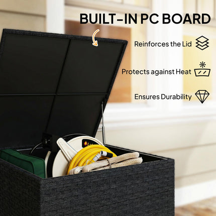 253L Garden Storage Box, Rattan Deck Box with Zipped Liner, Safe Pneumatic Rod, Patio Storage Container, Black