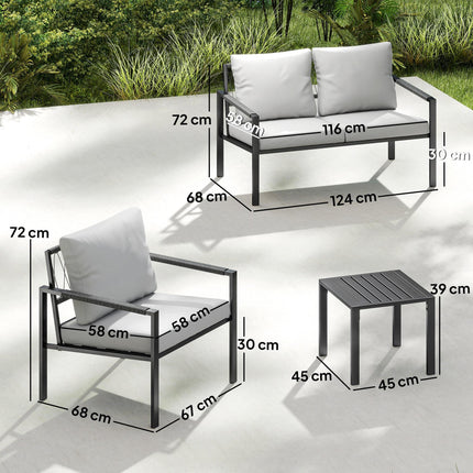 5 Piece Metal Garden Furniture Sofa Set with Thickened Cushions, Loveseat, 2 Armchairs, 2 Coffee Tables, Light Grey