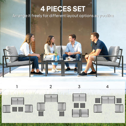 5 Piece Metal Garden Furniture Sofa Set with Thickened Cushions, Loveseat, 2 Armchairs, 2 Coffee Tables, Light Grey