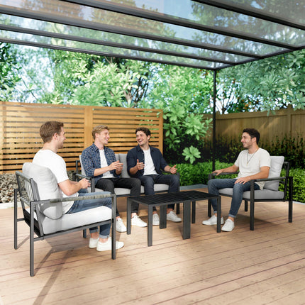 5 Piece Metal Garden Furniture Sofa Set with Thickened Cushions, Loveseat, 2 Armchairs, 2 Coffee Tables, Light Grey