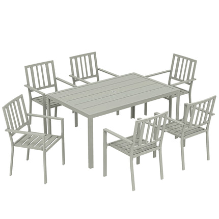 Garden Table and Chairs for 6, 7 Pieces Garden Furniture Set with Table, 6 Stackable Chairs and Umbrella Hole Light Grey