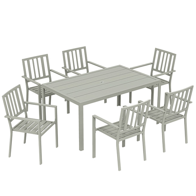 Garden Table and Chairs for 6, 7 Pieces Garden Furniture Set with Table, 6 Stackable Chairs and Umbrella Hole Light Grey