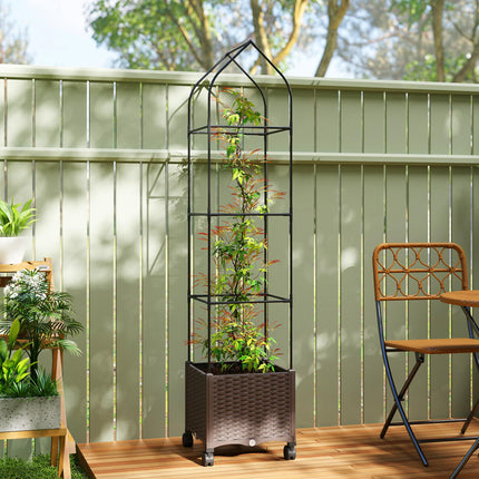 Raised Garden Bed with Trellis, Tomato Cage with Lockable Wheels, Self Watering